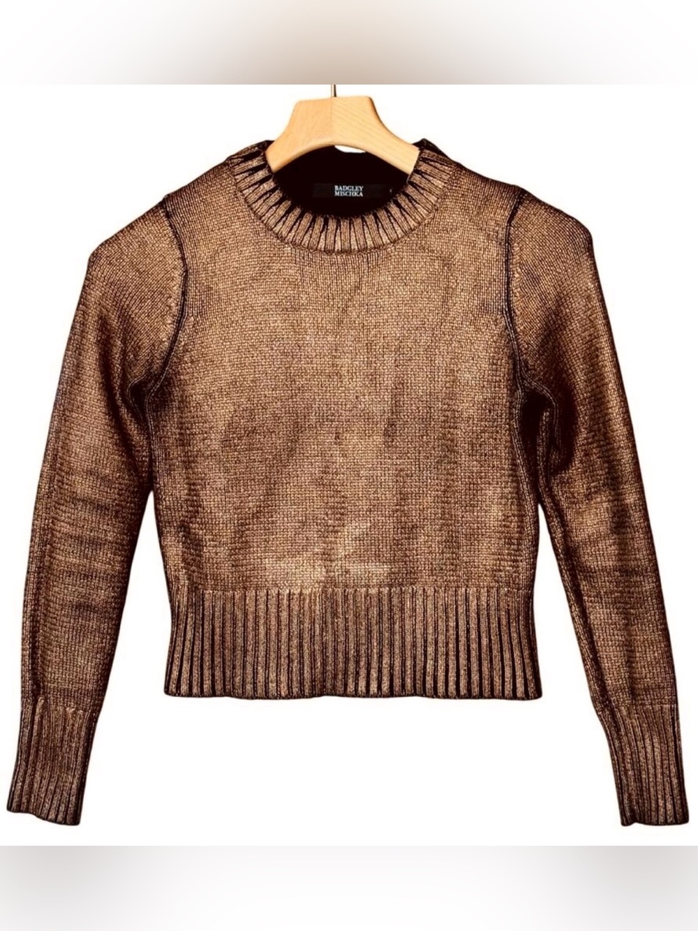 Badgley Mischka Metallic Bronze Black Long Sleeve Crew Neck Sweater Small